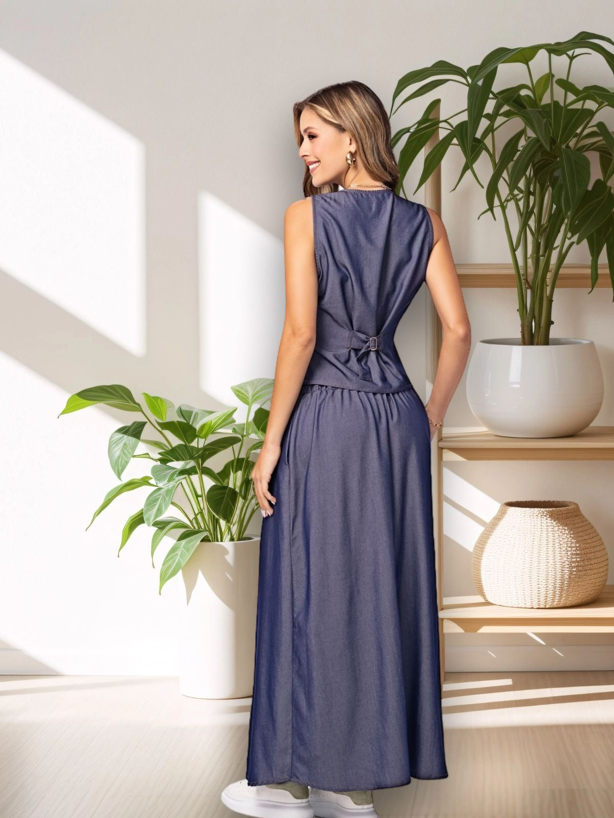 Conjunto Indigo Chambray - Chaleco e Falda Longa Azul Oscuro