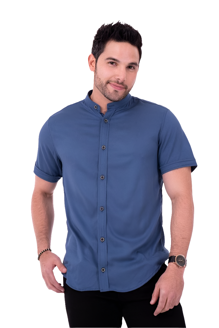 Camisa Manga Corta Sin Cuello en Seda Fria