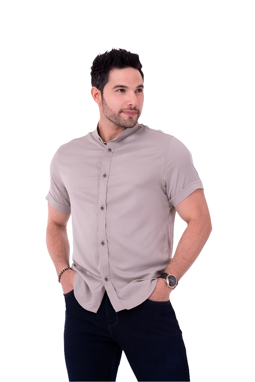 Camisa Manga Corta Sin Cuello en Seda Fria