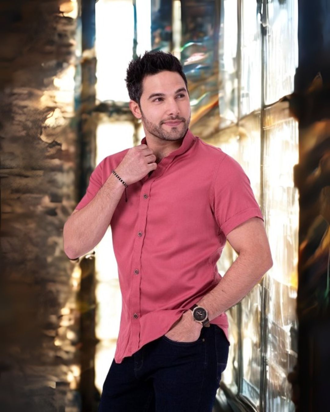 Camisa Manga Corta Sin Cuello en Seda Fria
