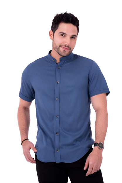 Camisa Manga Corta Sin Cuello en Seda Fria