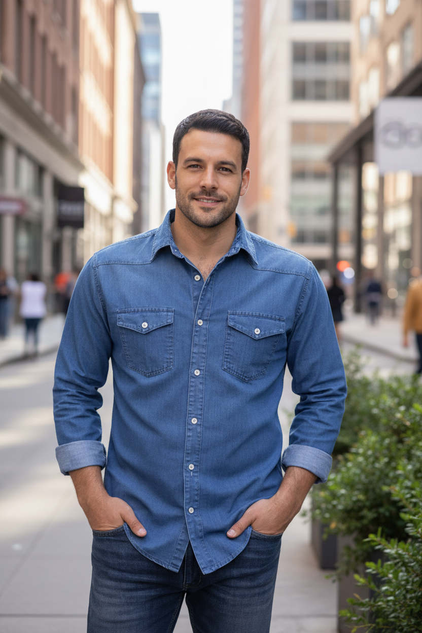 Camisa Jeans Manga Larga Masculina - Azul Claro