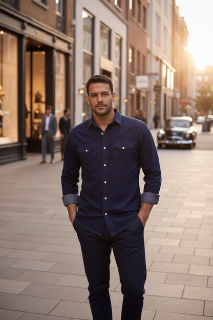 Camisa Jeans Manga Larga Masculina - Azul Escuro