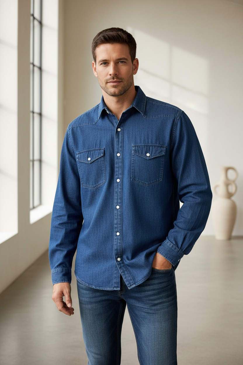 Camisa Jeans Manga Larga Masculina - Azul Médio