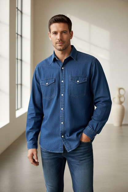 Camisa Jeans Manga Larga Masculina - Azul Médio
