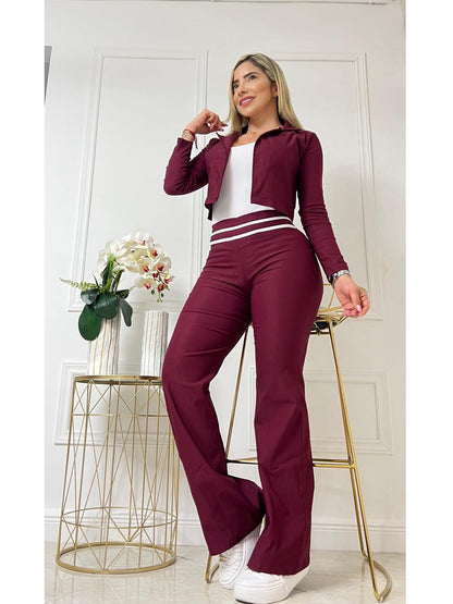 Conjunto Elegancia 3 Piezas: Blusa, Blazer y Pantalón Bota Ancha